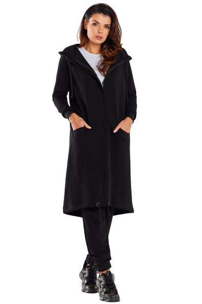 Bluza damska długa z kapturem dresowa rozpinana bawełna czarna